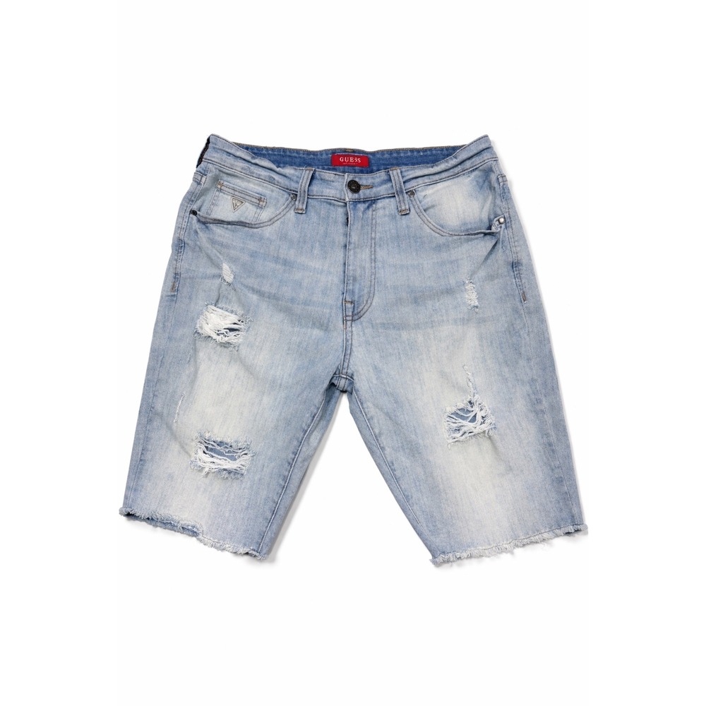 Guess Los Angeles Mens Distressed Denim Shorts Light Wash Raw Hem Size 34